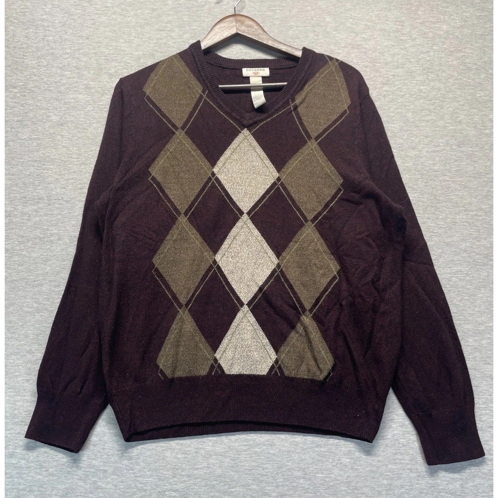 Dockers V Neck Sweater Medium Burgundy Multi Argyle Diamond Acrylic Tight Knit